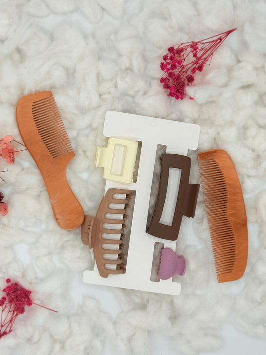 Wooden Combs & Matte Hair Clips Set (6pcs)
