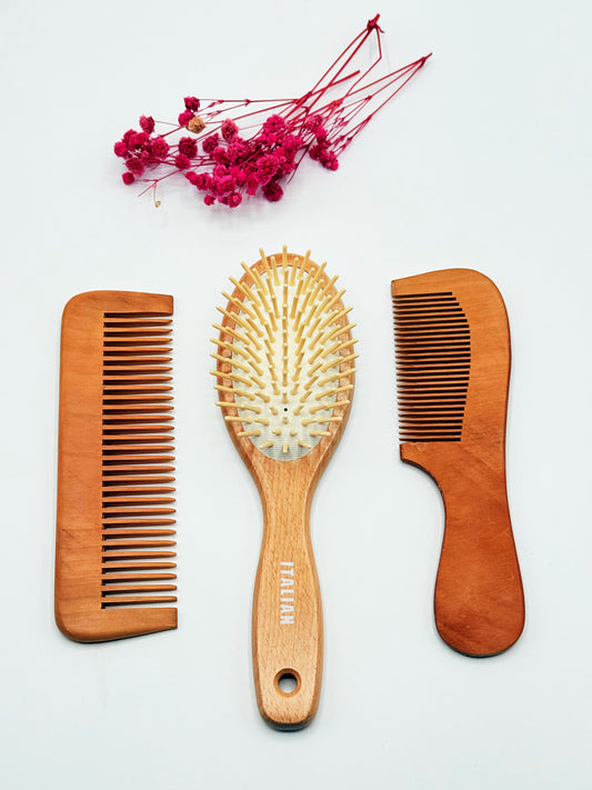 2 Wooden Combs + 1 Small Wooden Hair Brush - Anti Hair Fall Combo